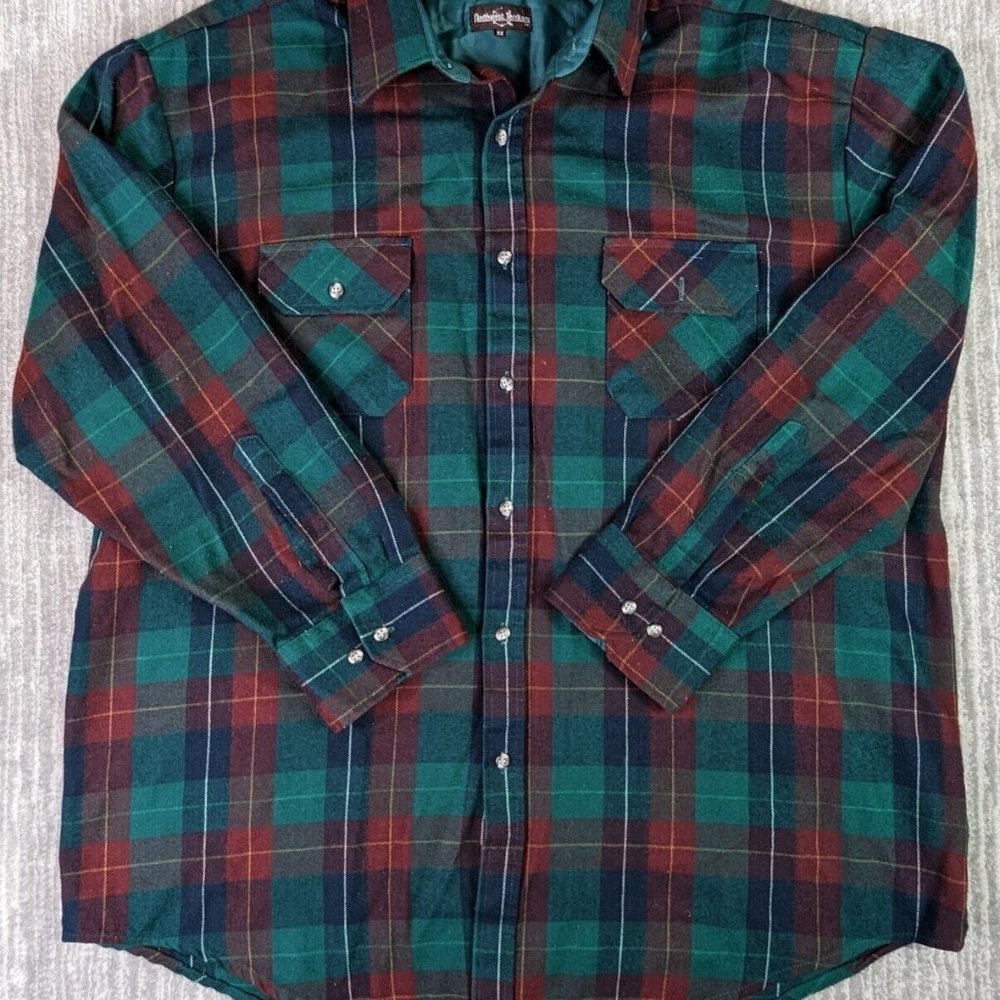 VTG Northwest Territory Mens Long Sleeve Plaid Flannel Shirt Mens XXL Green Blue